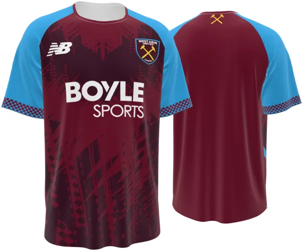 Camisa titular do West Ham 2026 - 2027 vinho com mangas azul-claro, frente e costas