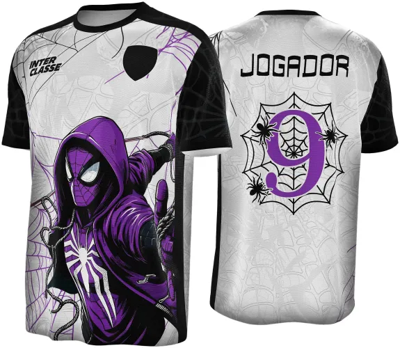 Camisa branca com detalhes pretos e arte grande de Homem-Aranha com capuz roxo e teia, frente com texto INTER CLASSE e costas com número 9 em roxo rodeado por aranhas e teia, texto JOGADOR acima.