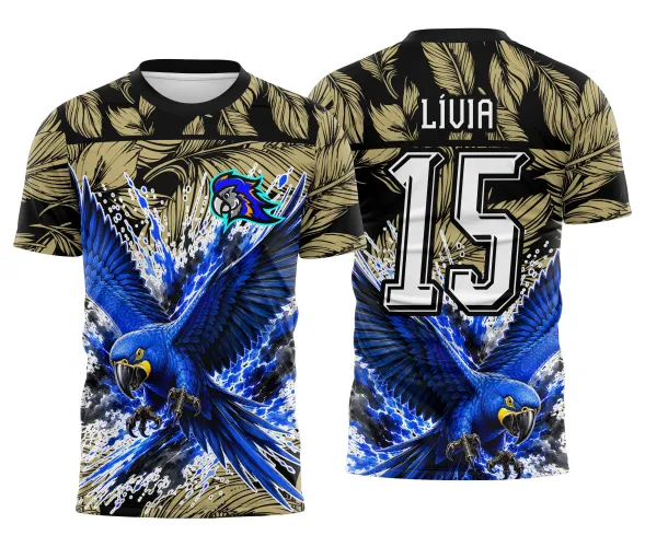 Modelo de camisa escolar com mascote arara e visual esportivo moderno Arte Autoral Doces Desenhos