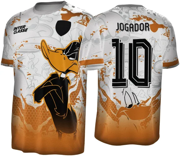 Camisa branca com degradê laranja, na frente figura grande do Patolino preto e laranja com braços cruzados, texto INTER CLASSE e escudo preto, costas com número 10 preto e texto JOGADOR acima, e Patolino laranja em pose diferente.