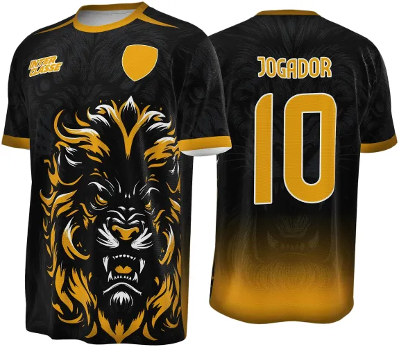 Camisa com leão tribal dourado e branco grande na frente, fundo preto e detalhes dourados, escudo amarelo e texto INTER CLASSE; atrás segue fundo preto com degradê dourado, número 10 e JOGADOR em amarelo.