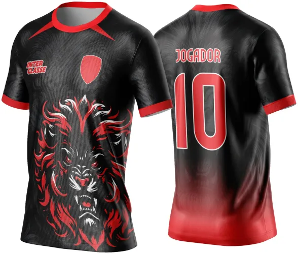 Camisa preta com gola e mangas vermelhas, frente com leão tribal estilizado em vermelho e branco, escudo vermelho no peito e texto INTER CLASSE. Nas costas, número 10 grande e texto JOGADOR em vermelho com contorno branco, degradê vermelho na parte inferior.