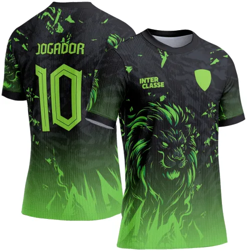 Camisa preta com degradê para verde neon, estampa frontal de leão verde neon e texto INTER CLASSE, costas com número 10 e palavra JOGADOR em verde neon.