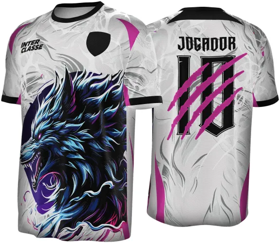 Camisa branca com detalhes cinza e magenta, com frente destacando uma cabeça de lobo azul e preta rugindo, texto INTER CLASSE no ombro e escudo preto no peito; costas com número 10 preto riscado por garras magenta e texto JOGADOR na parte superior.