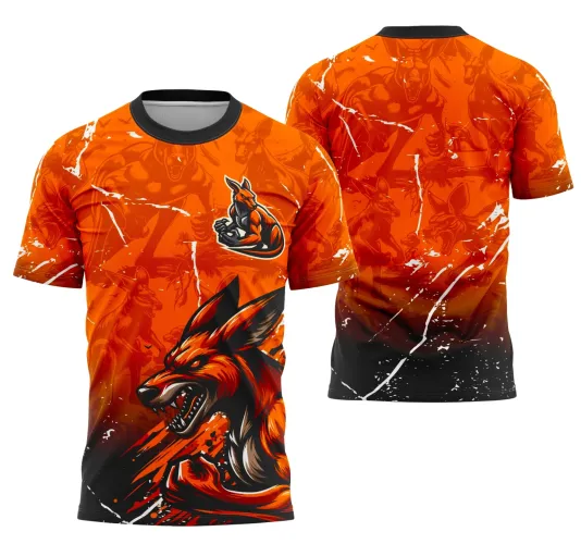 Camisa laranja com grande lobo feroz em preto e tons de laranja na frente, mascote no peito, fundo com Z e texto INTERCLASSE, costas com degradê laranja para preto, sombras de lobos e textos JOGADOR e número 1.