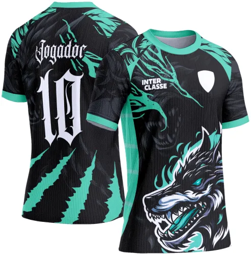 Camisa preta com gola e punhos em turquesa, frente com desenho de lobo em turquesa e branco, texto INTER CLASSE e escudo branco. Costas exibem o texto Jogador acima do número 10 em branco, com garras turquesa ao redor.