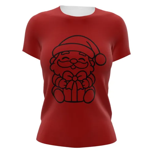 Camisa vermelha com estampa minimalista de Papai Noel sorridente segurando um presente na frente, cobrindo toda a peça, com costas e mangas totalmente vermelhas.
