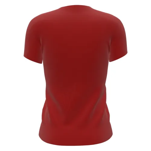 Camisa vermelha com estampa minimalista de Papai Noel sorridente segurando um presente na frente, cobrindo toda a peça, com costas e mangas totalmente vermelhas.
