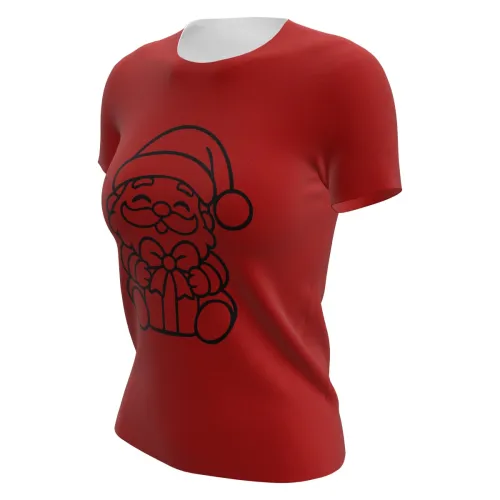 Camisa vermelha com estampa minimalista de Papai Noel sorridente segurando um presente na frente, cobrindo toda a peça, com costas e mangas totalmente vermelhas.