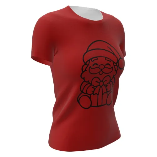 Camisa vermelha com estampa minimalista de Papai Noel sorridente segurando um presente na frente, cobrindo toda a peça, com costas e mangas totalmente vermelhas.