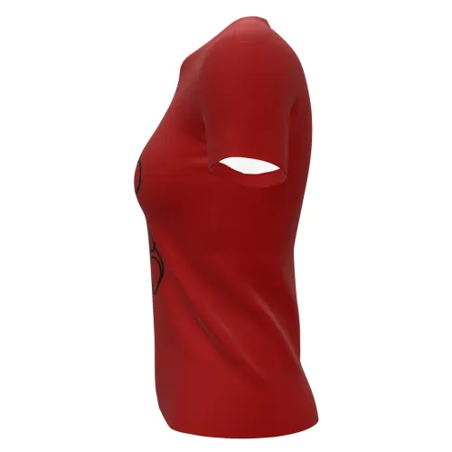 Camisa vermelha com estampa minimalista de Papai Noel sorridente segurando um presente na frente, cobrindo toda a peça, com costas e mangas totalmente vermelhas.