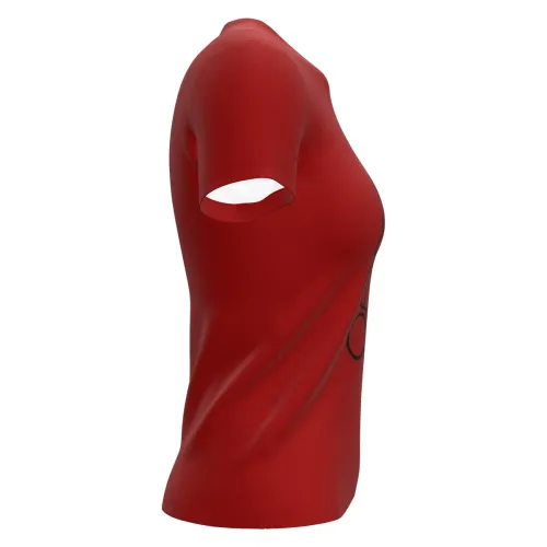 Camisa vermelha com estampa minimalista de Papai Noel sorridente segurando um presente na frente, cobrindo toda a peça, com costas e mangas totalmente vermelhas.