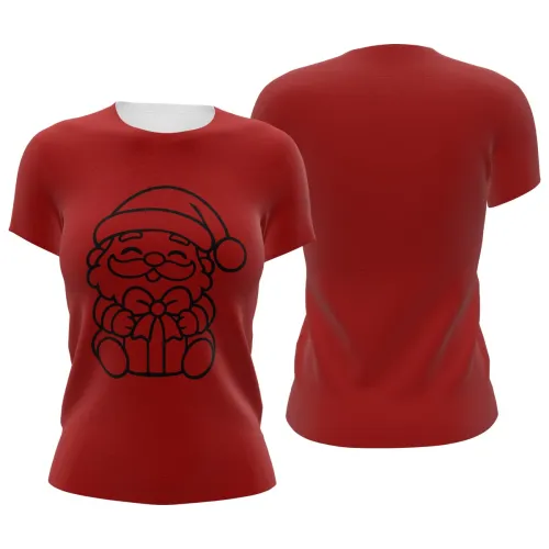 Camisa vermelha com estampa minimalista de Papai Noel sorridente segurando um presente na frente, cobrindo toda a peça, com costas e mangas totalmente vermelhas.