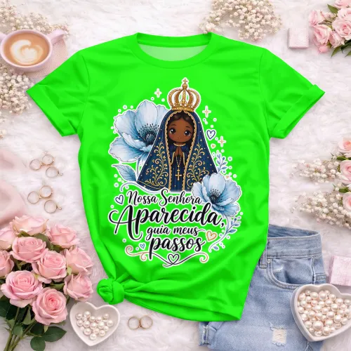 Estampa com Nossa Senhora Aparecida e lettering guia meus passos para camiseta