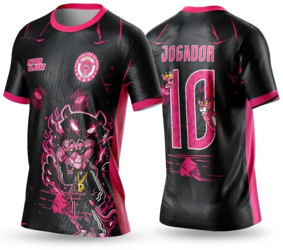 Camisa preta com desenhos da Pantera Cor de Rosa em estilo moderno na frente, com detalhes em chamas pink, escudo circular no peito, texto INTER CLASSE rosa e costas com número 10 e JOGADOR em rosa, além de figuras menores da pantera.