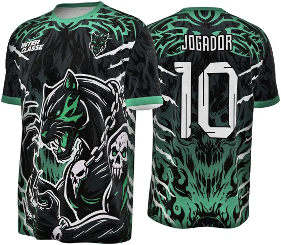 Camisa com estampa de pantera preta verde água na frente com corrente e caveiras, fundo preto com detalhes em verde e branco, logo de pantera e texto 'INTER CLASSE'. Nas costas, número 10 grande e nome 'JOGADOR' em branco sobre padrão abstrato verde e preto.