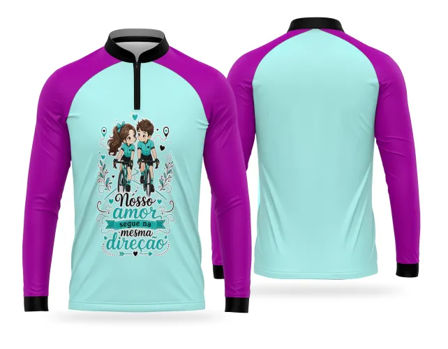 Estampa para camisa de ciclismo com casal de bicicleta e lettering romântico
