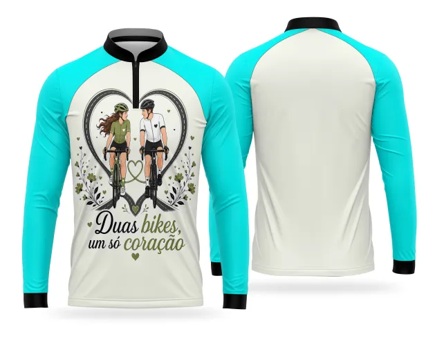 Arte para camisa de ciclismo com casal de ciclistas e elementos românticos