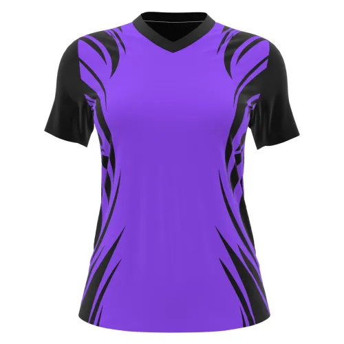 Camisa de futebol feminino com design moderno em roxo e preto, cobrindo frente, costas, mangas e gola, com detalhes gráficos marcantes e nome personalizado nas costas.