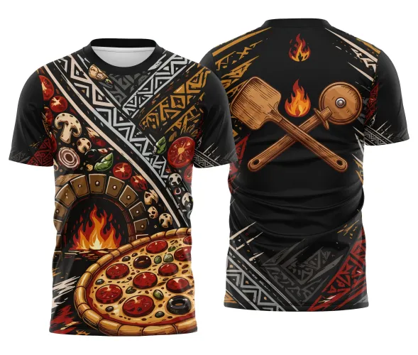 Arte para Camisa de Pizzaria Preta Tribal com Cortador e Pá Cruzados