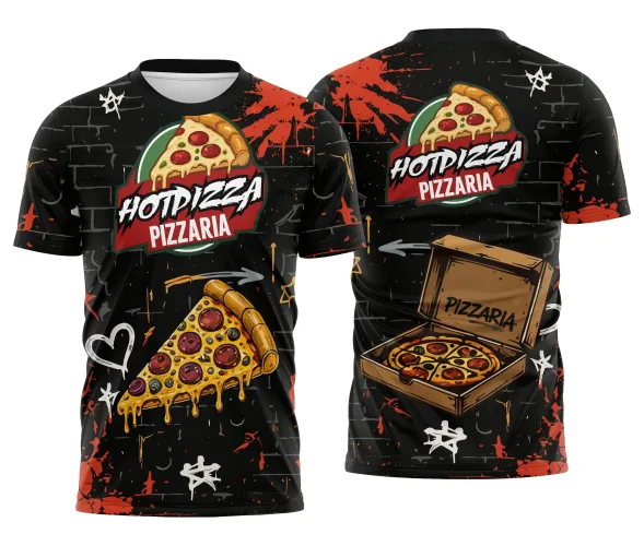 Camisa com logo no peito e estampa grande nas costas mostrando arte urbana em estilo street art com tijolos e caixa de pizza vibrante, perfeita para quem curte design moderno e temática de pizzaria.