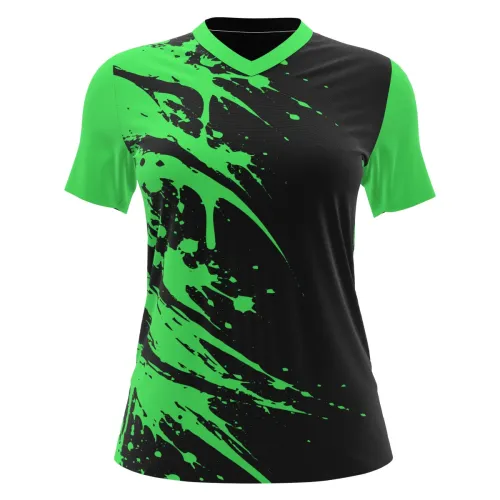 Camisa de futebol feminino com design moderno em preto e verde, com mangas e gola verdes, além de detalhes em splash verde vibrante na frente, costas e mangas.