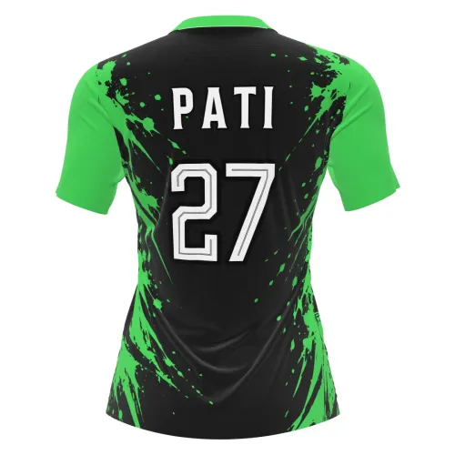 Camisa de futebol feminino com design moderno em preto e verde, com mangas e gola verdes, além de detalhes em splash verde vibrante na frente, costas e mangas.