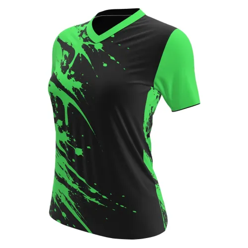 Camisa de futebol feminino com design moderno em preto e verde, com mangas e gola verdes, além de detalhes em splash verde vibrante na frente, costas e mangas.