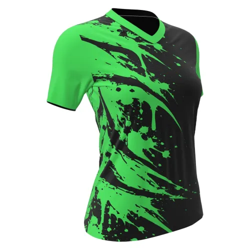 Camisa de futebol feminino com design moderno em preto e verde, com mangas e gola verdes, além de detalhes em splash verde vibrante na frente, costas e mangas.