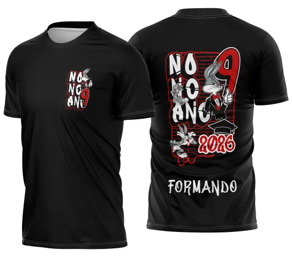 Arte para camisa nono ano com coelho em estilo desenho animado e tema escolar, ideal para camisetas criativas de turma