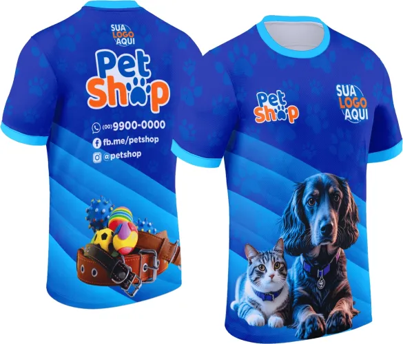 Camisa com logo no peito e estampa grande nas costas, combinando estilo moderno e temática de pet shop para amantes de animais e profissionais da área.