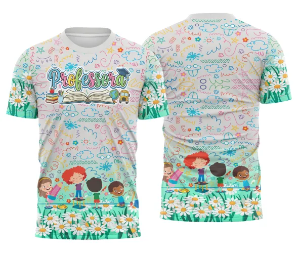 Imagem de uma camisa feminina com logo no peito discreto e uma estampa grande nas costas que celebra o universo da professora de educação infantil com elementos lúdicos e coloridos, perfeita para atividades escolares e eventos temáticos.