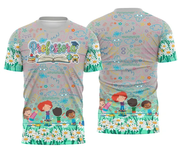 Camisa com logo no peito e estampa grande nas costas, ideal para professora de educação infantil, destacando cores vibrantes e design divertido que valoriza a profissão.