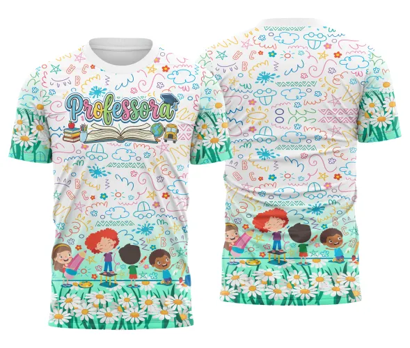 Foto da camisa com logo no peito e estampa grande nas costas, apresentando um design colorido e delicado voltado para professoras da educação infantil.