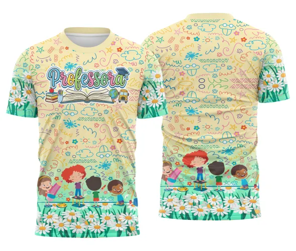 Camisa com logo no peito e estampa grande nas costas apresentando design alegre e colorido ideal para professoras de educação infantil, destacando um estilo delicado e divertido para o dia a dia na escola.