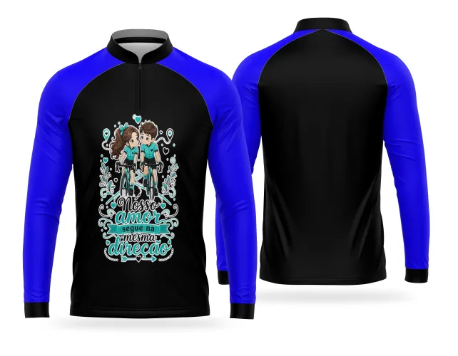 Arte para camiseta ciclista com casal pedalando, corações e frase romântica