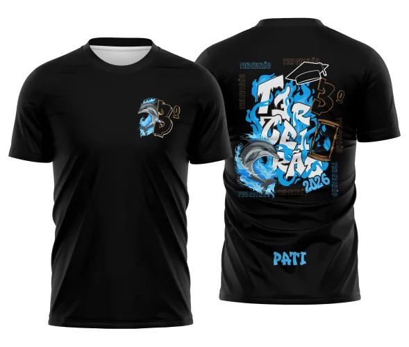 Camisa com logo no peito em destaque e uma estampa grande nas costas que mostra um golfinho estilizado, perfeita para acompanhar a turma do Terceirão com estilo e personalidade marcante.