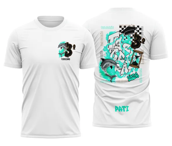 Camisa escolar com logo no peito e estampa grande nas costas estilo golfinho, ideal para celebrar o Terceirão com design moderno e vibrante em cores que destacam a união da turma.