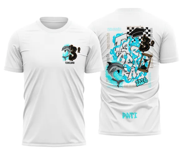 Camisa com logo no peito e estampa grande nas costas, destacando golfinhos em estilo vibrante e design marcante, perfeita para representar o espírito do Terceirão com personalidade e estilo único.