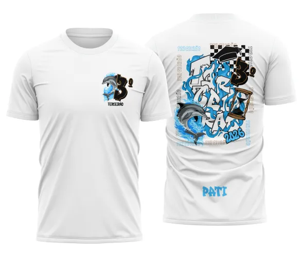 Camisa escolar com logo no peito e estampa grande nas costas destacando um golfinho estilizado, perfeita para turmas do Terceirão que buscam identidade visual marcante e cheia de personalidade.