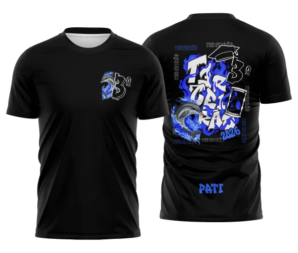 Camisa com logo no peito e estampa grande nas costas destacando tema Golfinho e Terceirão em design vibrante e moderno, perfeita para marcar o último ano escolar com estilo e identidade única.