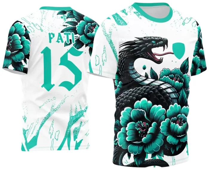 Arte para Camiseta Interclasse Serpente Negra com Flores Turquesa