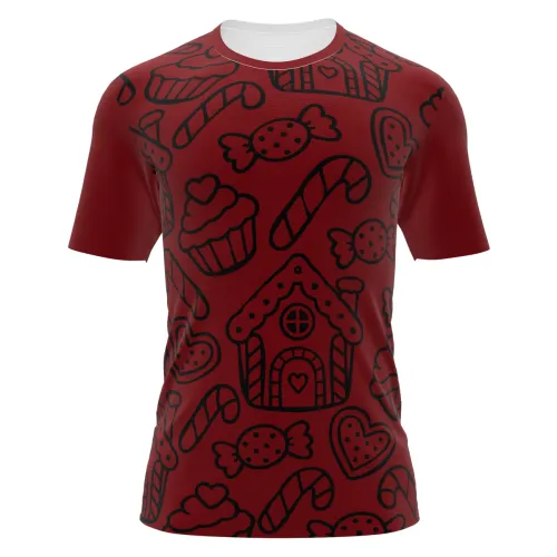 Camisa estampada por inteiro com casinhas de gengibre, cupcakes, corações, balas e bengalas natalinas em vermelho, branco e verde, com mangas vermelhas, trazendo um visual alegre e festivo.
