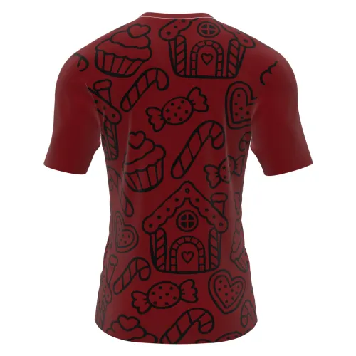 Camisa estampada por inteiro com casinhas de gengibre, cupcakes, corações, balas e bengalas natalinas em vermelho, branco e verde, com mangas vermelhas, trazendo um visual alegre e festivo.