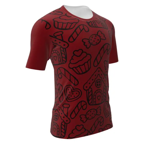 Camisa estampada por inteiro com casinhas de gengibre, cupcakes, corações, balas e bengalas natalinas em vermelho, branco e verde, com mangas vermelhas, trazendo um visual alegre e festivo.