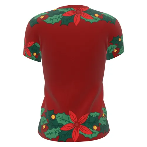 Camisa natalina estampada por inteiro com fundo vermelho, folhas e flores de Natal nas bordas, uma rena fofa na frente e a frase 'Feliz Natal!' acima, com detalhes festivos também nas mangas e gola.