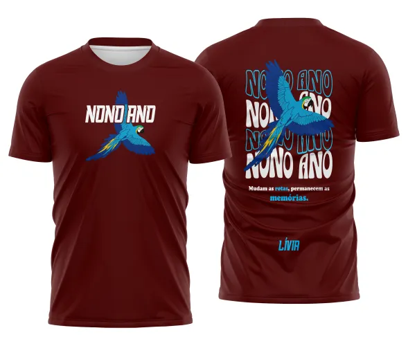 Camisa com logo no peito e estampa grande nas costas apresentando design vibrante inspirado na arara azul, combinando cores intensas em um estilo único para o nono ano, ideal para grupos escolares e festas da turma.