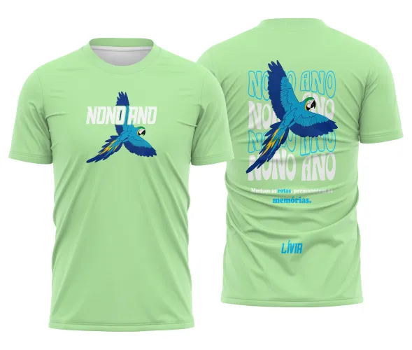 Camisa com logo no peito e estampa grande nas costas apresentando uma arara azul vibrante em design estilo Turma 18, perfeita para representar o 9º ano com muito estilo e personalidade.