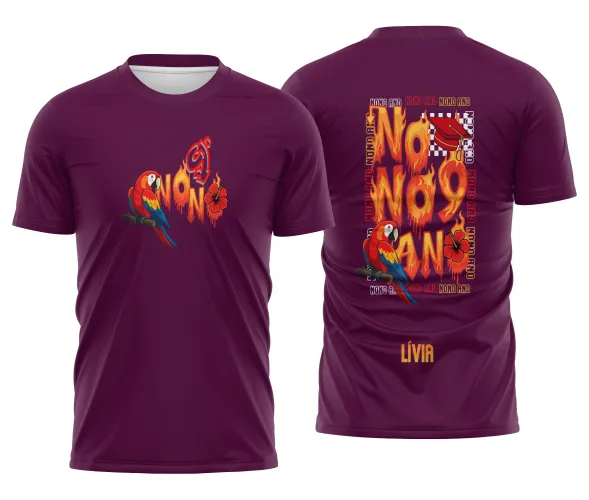 Camisa com logo no peito discreto e estampa grande nas costas destacando uma arara vermelha vibrante em estilo artístico, ideal para o Nono Ano