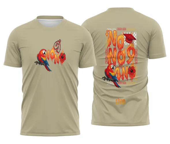 Camisa com logo no peito em destaque e estampa grande colorida nas costas, apresentando a vibrante Arara Vermelha para o Nono Ano com design exclusivo e único.